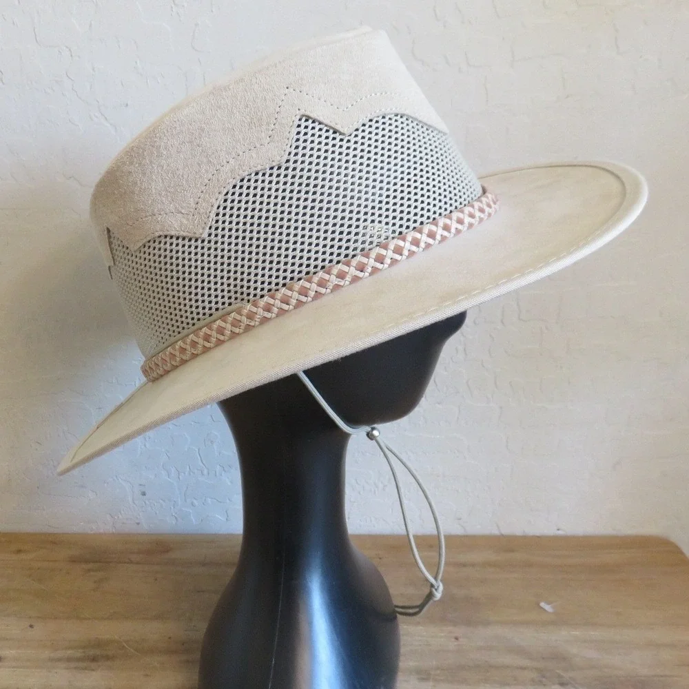 ArizonaHatLadies Tan Suede‎ Mesh Safari Sun Hat Wide Brim XL Made in USA Unisex